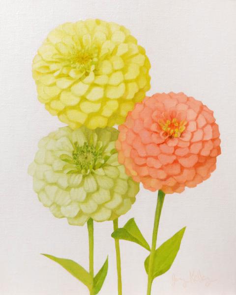 Sherbet Zinnias, oil on linen, 10 x 8 inches, $1,200 
