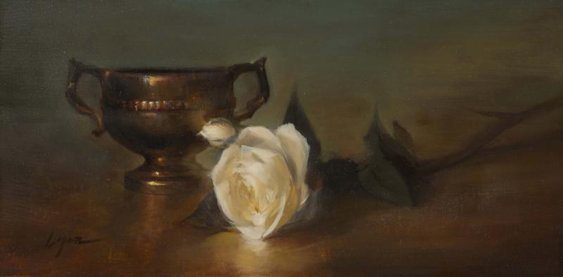Copper n' Posies, oil on panel, 8 x 16 inches, $1,400 