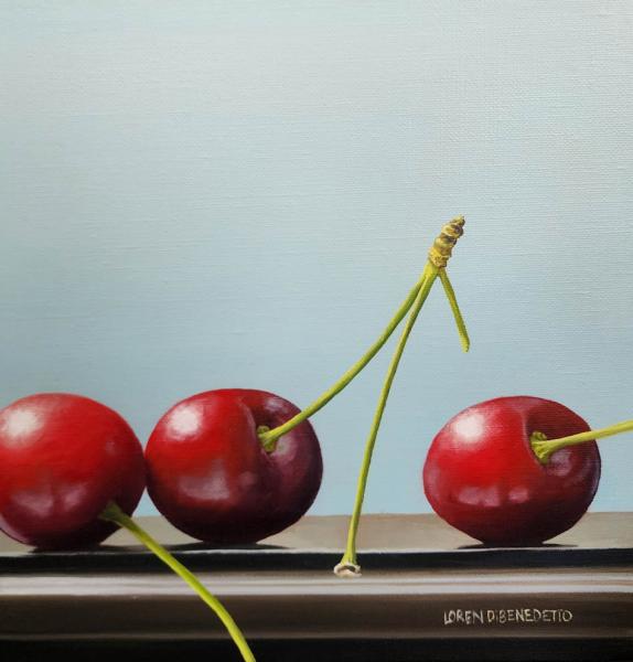 Trio of Cherries, oil on canvas, 10 x 10 inches, $1,200 