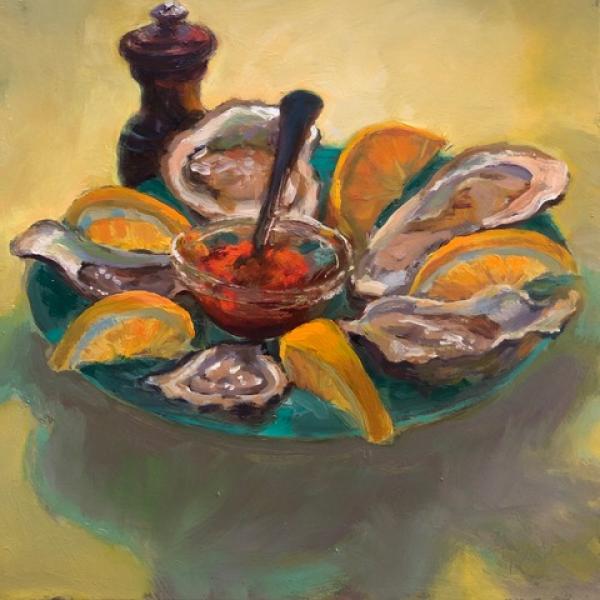 On Teal, oil on wood panel, 12 x 12 inches, $1,500 