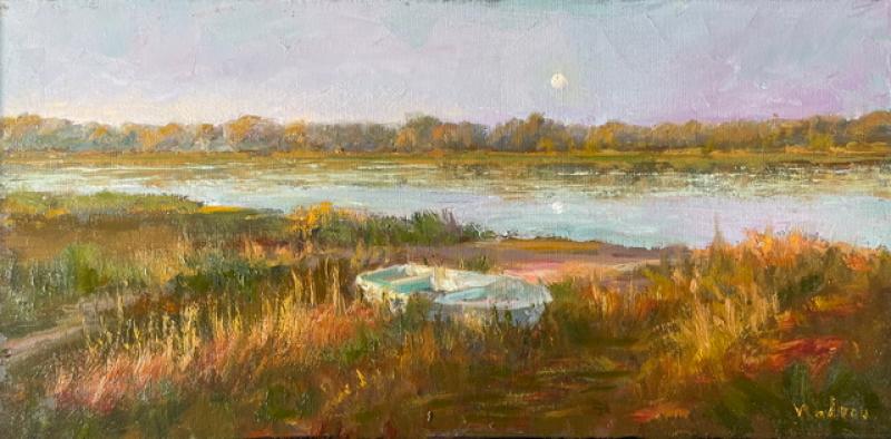November Moon Setting, oil on canvas, 10 x 20 inches, $1,800 