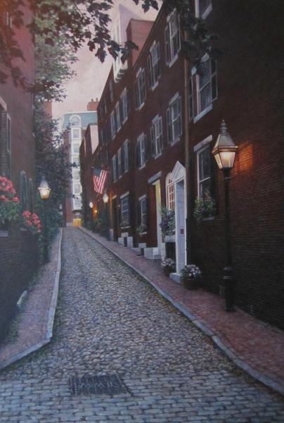 Hydrangea Season, Acorn Street, oil on canvas, 36 x 24 inches, $9,000 
