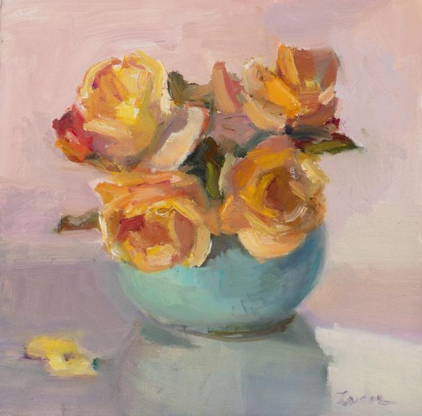 Yellow Roses in Turquoise, oil on canvas panel, 6 x 6 inches, $500 