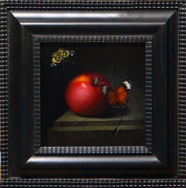 An Apple and Two Butterflies, oil on panel, 6 x 6 inches   SOLD 