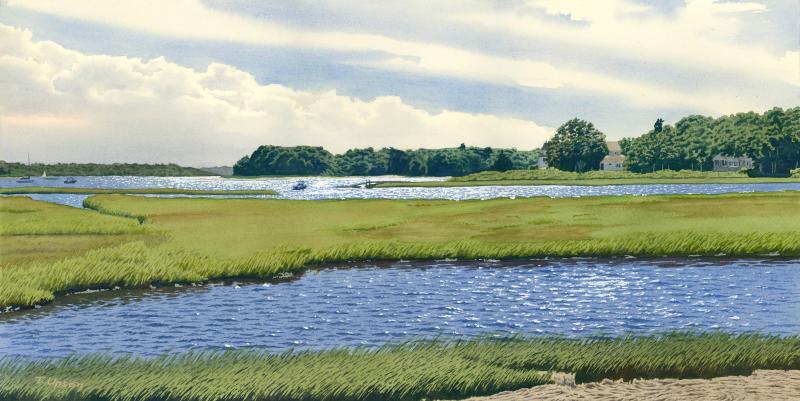 View from Wings Neck, Watercolor on Paper, 14 x 29 inches   SOLD 