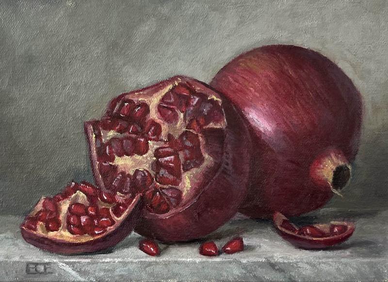 Pomegranates, oil on panel, 5 x 7 inches , $425 
