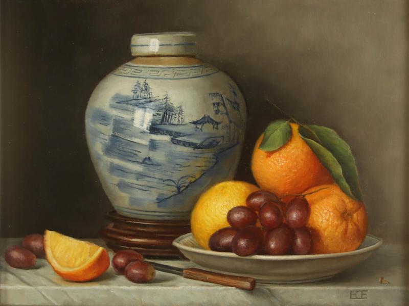 Ginger Jar, Grapes and Oranges, oil on panel, 12 x 16 inches , $1,875 
