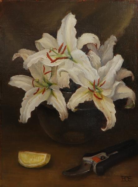 White Lilies with Clippers,     oil on panel, 9 x 12 inches, $1,175 