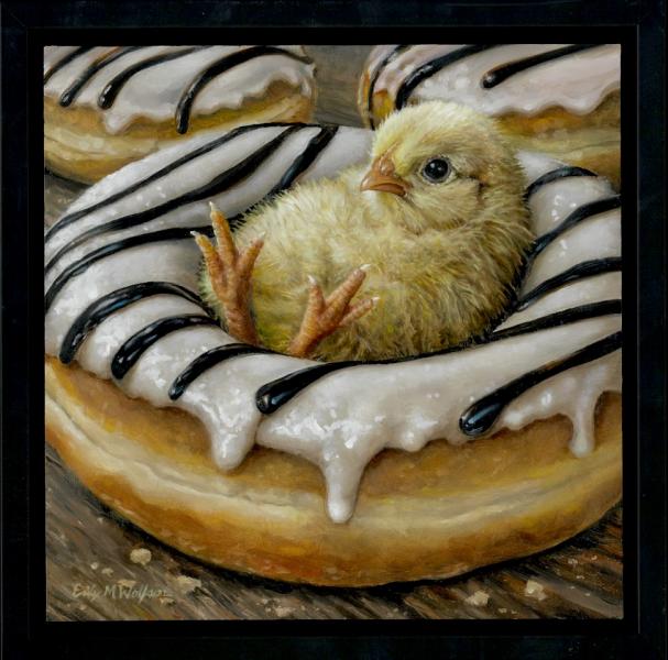 Couch Donut Chick, oil on panel, 9.5 x 9.5 inches, $1,300 