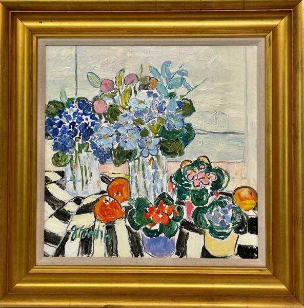 Hydrangeas and violets,  18 x 18  oil on canvaslr