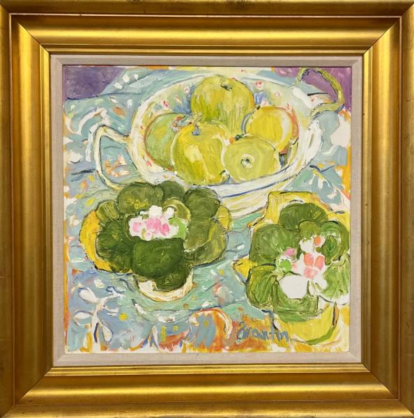 Pink primrose and green apples,  18 x 18  oclr