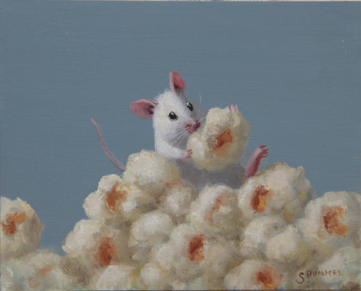Popcorn Peeper, oil on panel, 4 x 5 inches, $700 